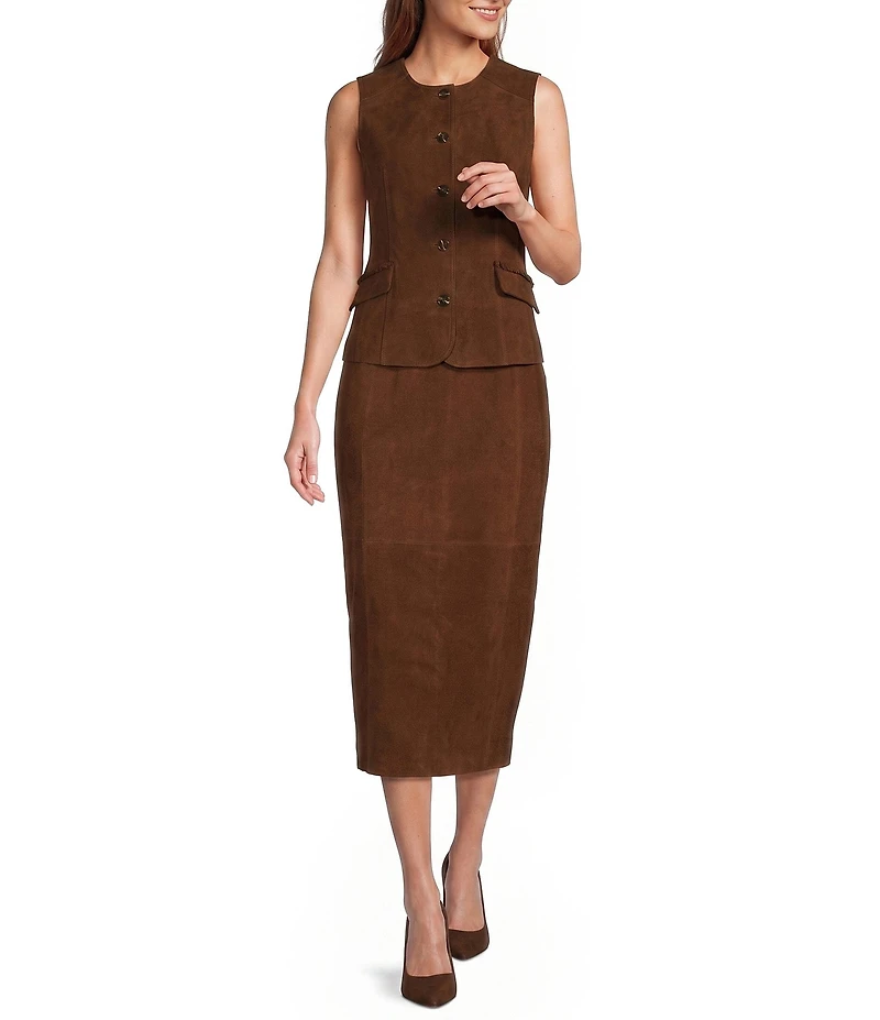 Antonio Melani Scarlett Genuine Suede Ruched Jewel Neck Sleeveless Coordinating Vest