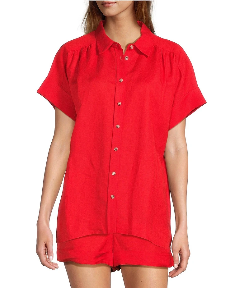 Antonio Melani Shyla Linen Blend Coordinating Collared Button Down Blouse