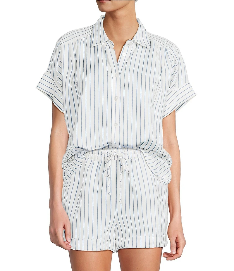 Antonio Melani Shyla Linen Blend Stripe Print Collared Button Down Coordinating Blouse
