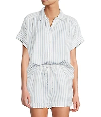 Antonio Melani Shyla Linen Blend Stripe Print Collared Button Down Coordinating Blouse