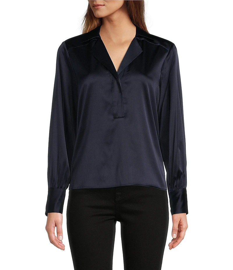 Antonio Melani Violet Silk Notch Collar V-Neck Long Blouson Sleeve Blouse