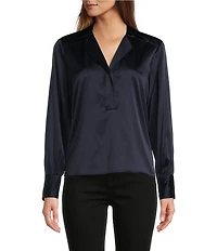 Antonio Melani Violet Silk Notch Collar V-Neck Long Blouson Sleeve Blouse