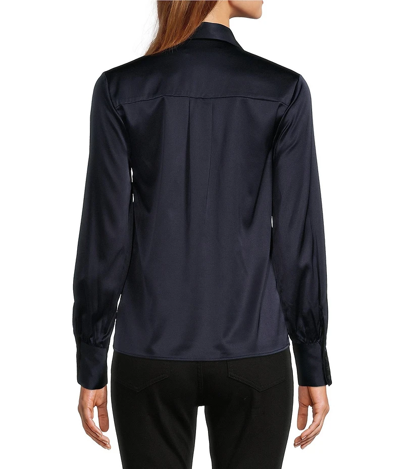 Antonio Melani Violet Silk Notch Collar V-Neck Long Blouson Sleeve Blouse