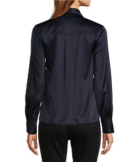 Antonio Melani Violet Silk Notch Collar V-Neck Long Blouson Sleeve Blouse
