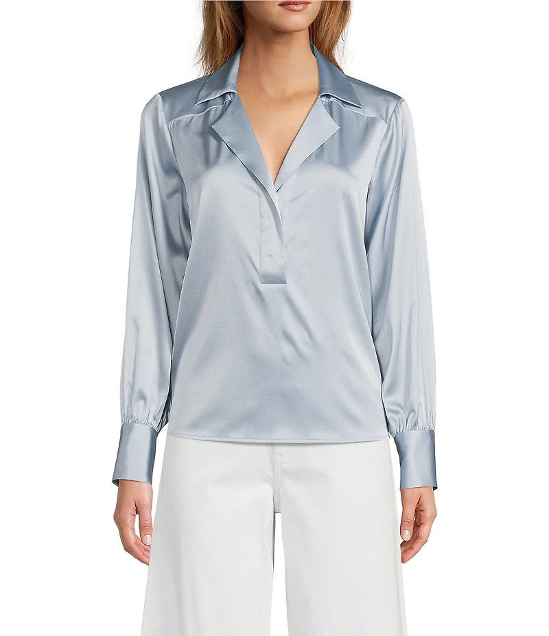 Antonio Melani Violet Silk Notch Collar V-Neck Long Blouson Sleeve Blouse
