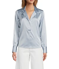 Antonio Melani Violet Silk Notch Collar V-Neck Long Blouson Sleeve Blouse