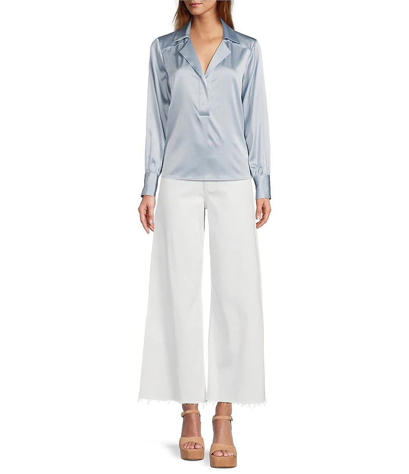 Antonio Melani Violet Silk Notch Collar V-Neck Long Blouson Sleeve Blouse