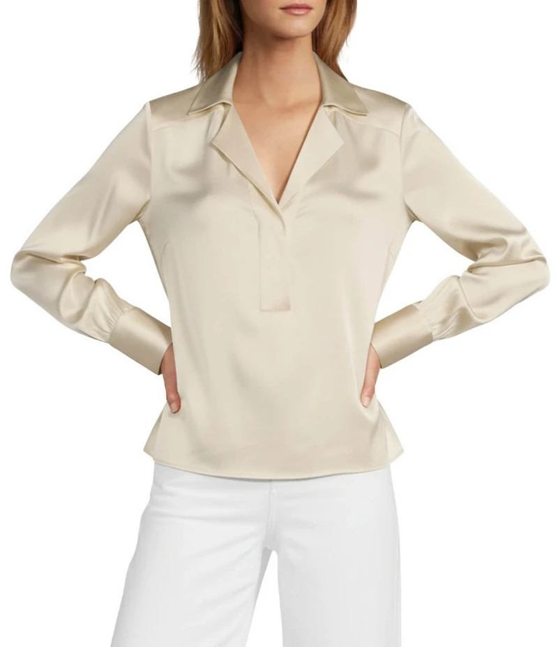 Antonio Melani Violet Silk Notch Collar V-Neck Long Blouson Sleeve Blouse