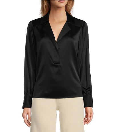 Antonio Melani Violet Silk Notch Collar V-Neck Long Blouson Sleeve Blouse