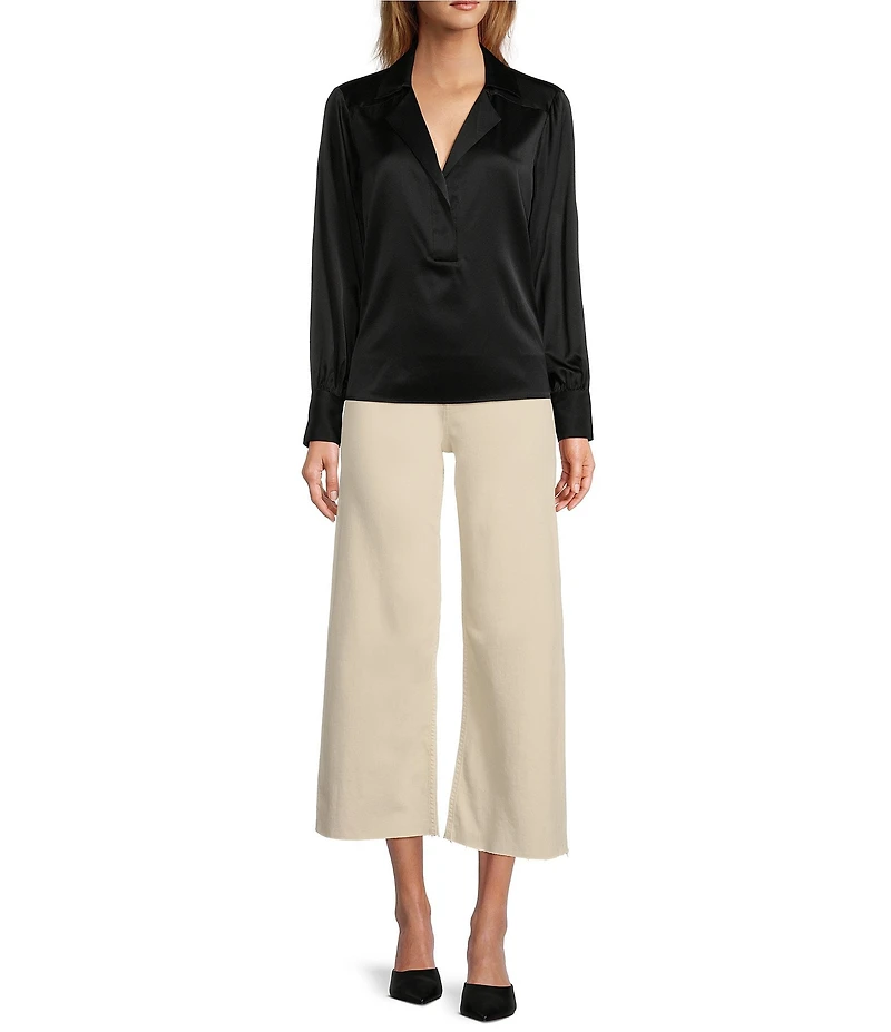 Antonio Melani Violet Silk Notch Collar V-Neck Long Blouson Sleeve Blouse