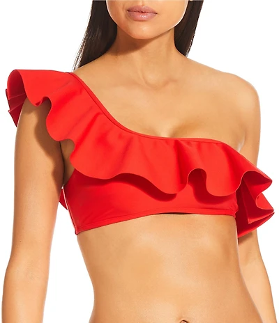 Antonio Melani Solid Bonded Ruffle One Shoulder Swim Top