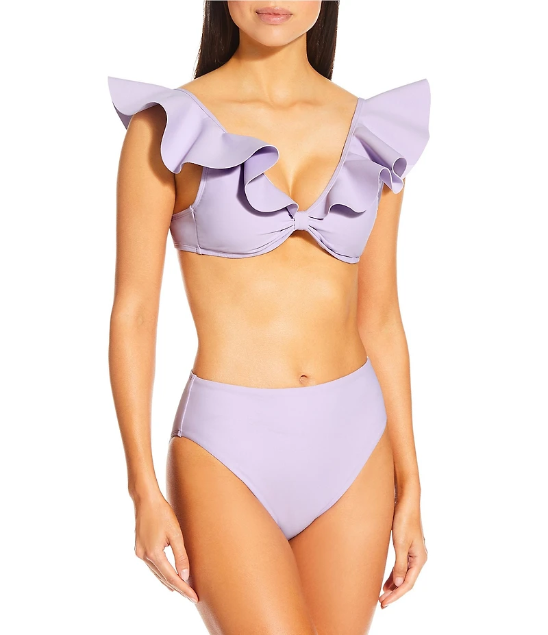 Antonio Melani Solid Bonded Ruffle V-Neck Bralette Swim Top