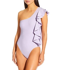 Antonio Melani Solid One Shoulder Ruffle One Piece Swimsuit