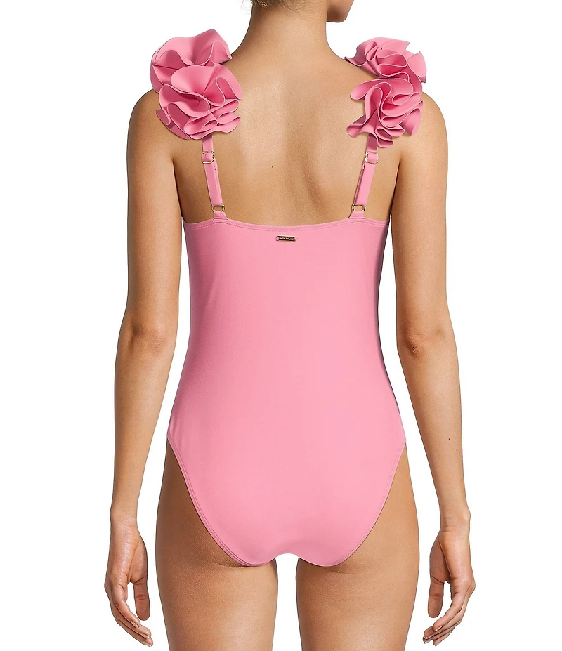 Antonio Melani Solid Rosette Strap One Piece Swimsuit