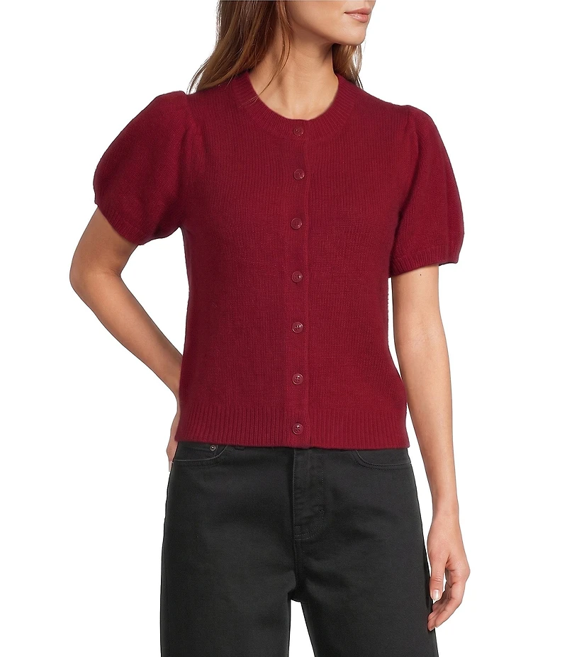 Antonio Melani Stella Short Puff Sleeve Crew Neckline Button Front Cashmere Cardigan