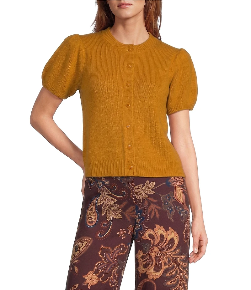 Antonio Melani Stella Short Puff Sleeve Crew Neckline Button Front Cashmere Cardigan
