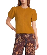 Antonio Melani Stella Short Puff Sleeve Crew Neckline Button Front Cashmere Cardigan
