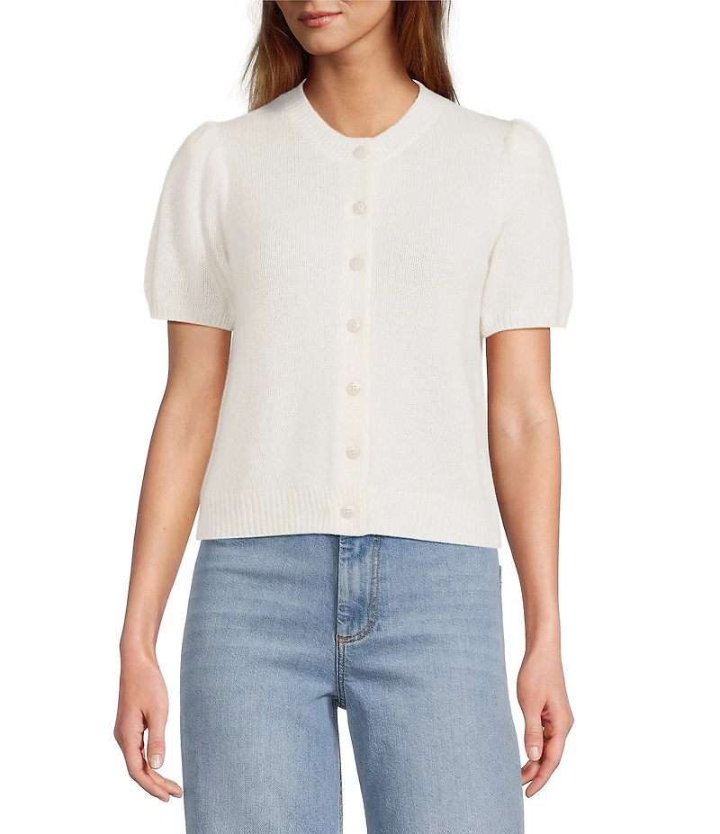 Antonio Melani Stella Short Puff Sleeve Crew Neckline Button Front Cashmere Cardigan