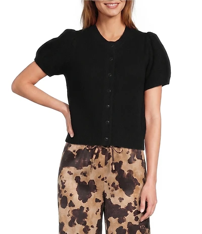 Antonio Melani Stella Short Puff Sleeve Crew Neckline Button Front Cashmere Cardigan