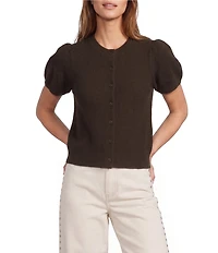 Antonio Melani Stella Short Puff Sleeve Crew Neckline Button Front Cashmere Cardigan