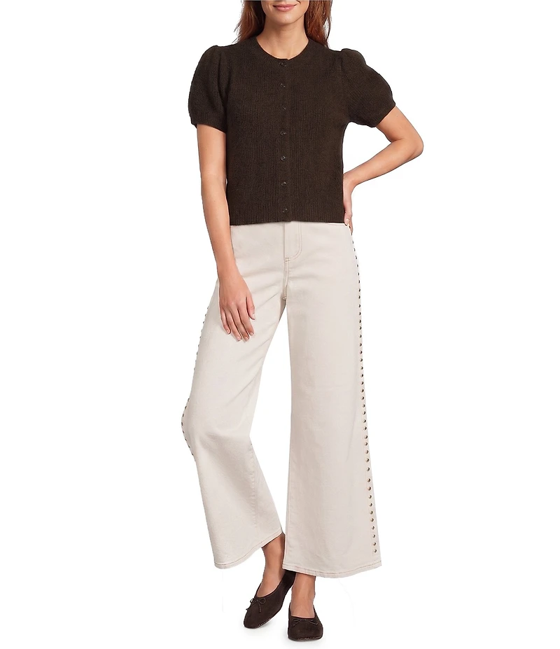Antonio Melani Stella Short Puff Sleeve Crew Neckline Button Front Cashmere Cardigan