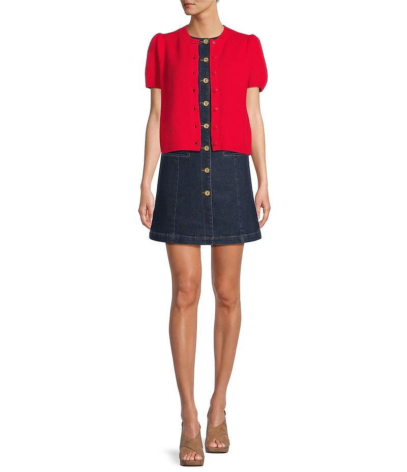 Antonio Melani Stella Short Puff Sleeve Crew Neckline Button Front Cashmere Cardigan