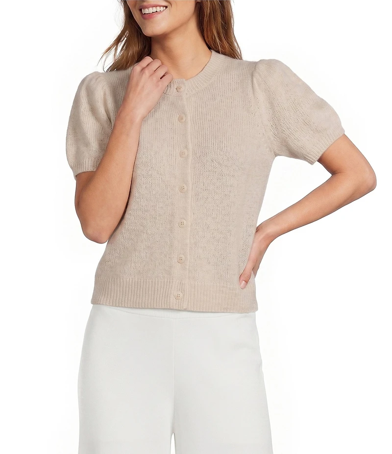 Antonio Melani Stella Short Puff Sleeve Crew Neckline Button Front Cashmere Cardigan
