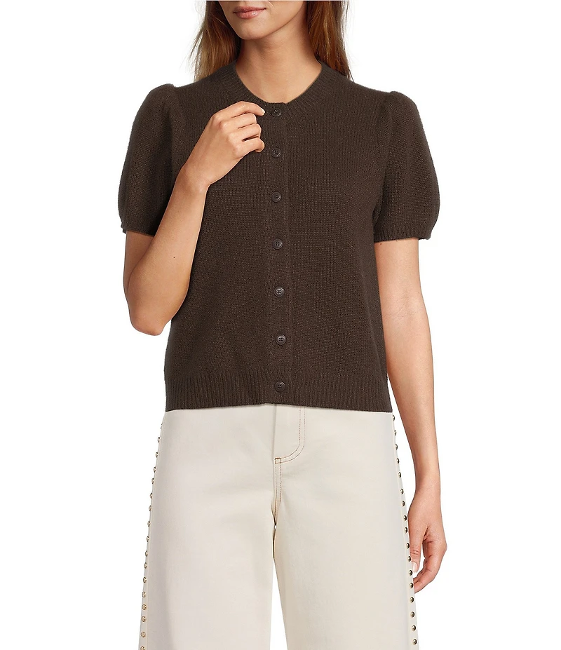 Antonio Melani Stella Short Puff Sleeve Crew Neckline Button Front Cashmere Cardigan
