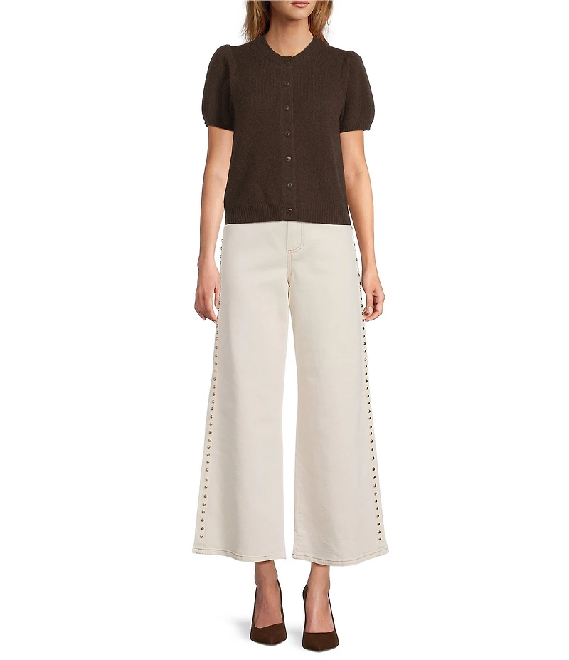 Antonio Melani Stella Short Puff Sleeve Crew Neckline Button Front Cashmere Cardigan