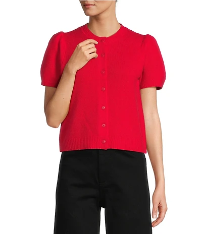Antonio Melani Stella Short Puff Sleeve Crew Neckline Button Front Cashmere Cardigan