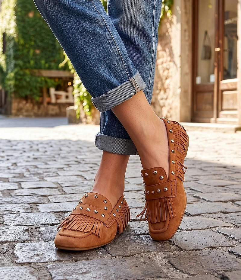 Antonio Melani Sylvan Leather Studded Fringe Moccasin Flats