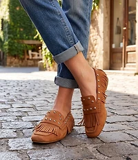 Antonio Melani Sylvan Leather Studded Fringe Moccasin Flats