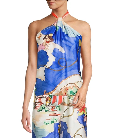 Antonio Melani Tara Ocean Print Satin Halter Neck Coordinating Blouse