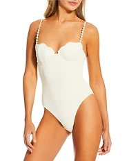 Antonio Melani Textured Scalloped Seashell Pearl Beaded Strap One Piece Swimsuit