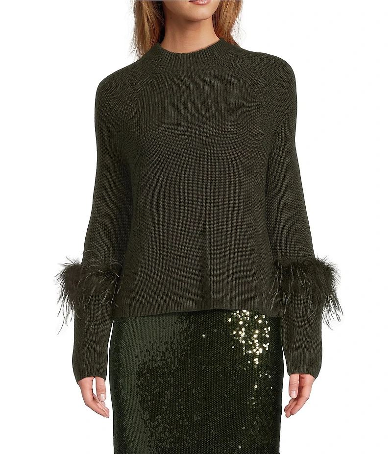 Antonio Melani Tilly Wool Blend Mock Neckline Ostrich Feather Trim Sweater