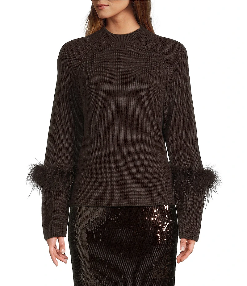 Antonio Melani Tilly Wool Blend Mock Neckline Ostrich Feather Trim Sweater