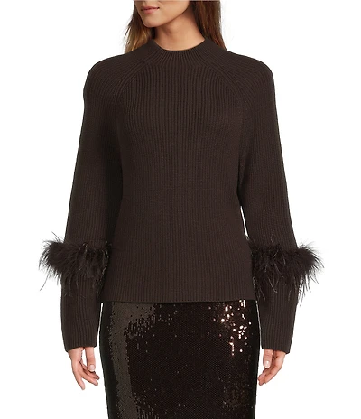 Antonio Melani Tilly Wool Blend Mock Neckline Ostrich Feather Trim Sweater