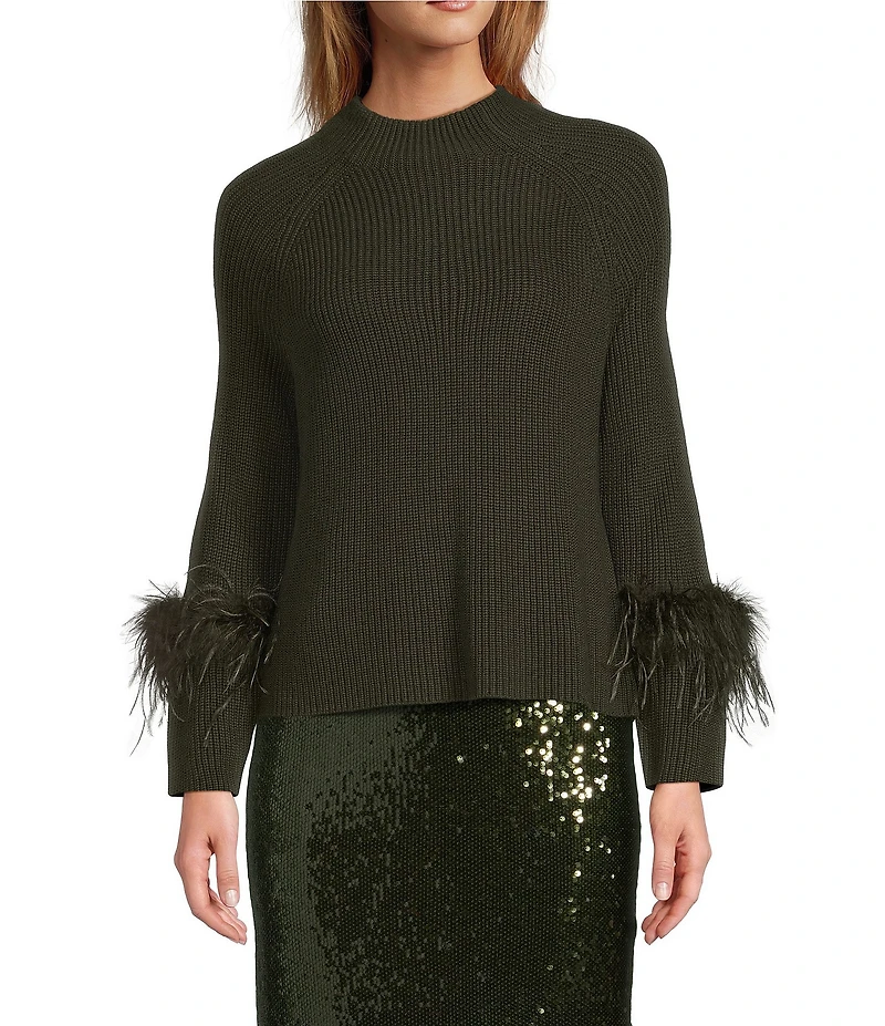 Antonio Melani Tilly Wool Blend Mock Neckline Ostrich Feather Trim Sweater