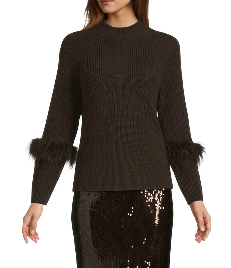 Antonio Melani Tilly Wool Blend Mock Neckline Ostrich Feather Trim Sweater