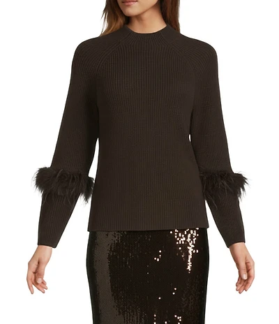 Antonio Melani Tilly Wool Blend Mock Neckline Ostrich Feather Trim Sweater