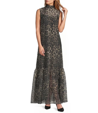 Antonio Melani Uma Leopard Organza Tie Back Turtle Neck Sleeveless Maxi Dress