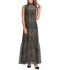 Antonio Melani Uma Leopard Organza Tie Back Turtle Neck Sleeveless Maxi Dress