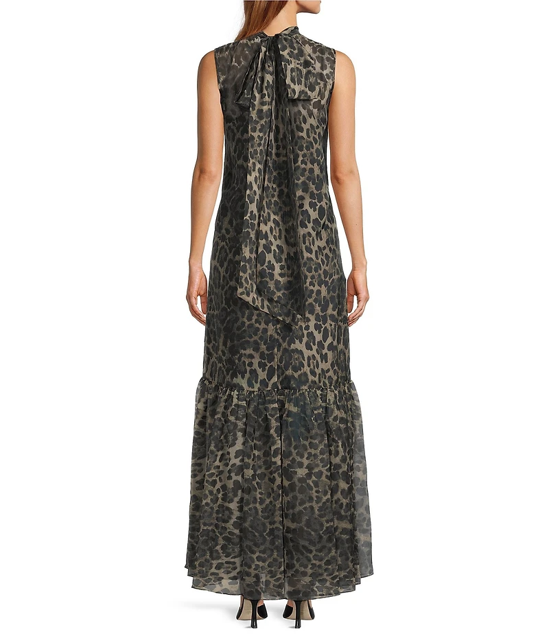 Antonio Melani Uma Leopard Organza Tie Back Turtle Neck Sleeveless Maxi Dress
