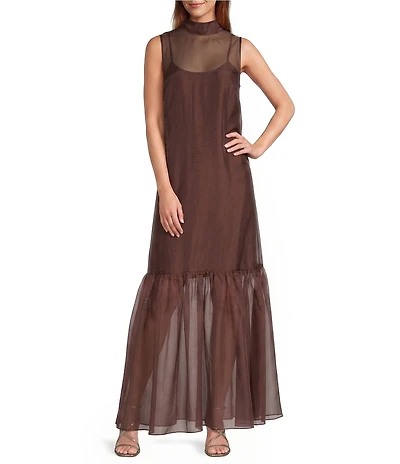 Antonio Melani Uma Organza Tie Back Turtle Neckline Sleeveless Maxi Dress