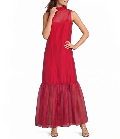 Antonio Melani Uma Organza Tie Back Turtle Neckline Sleeveless Maxi Dress