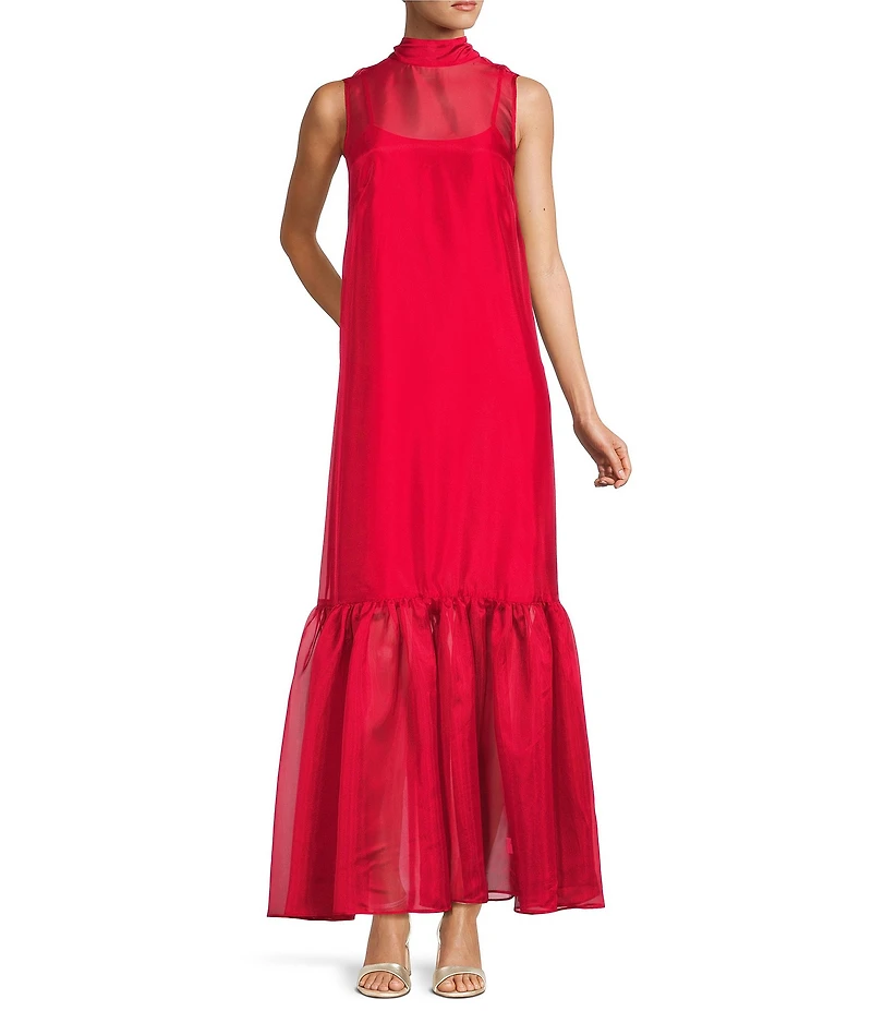 Antonio Melani Uma Sleeveless Tie Back Turtle Neckline Organza Maxi Dress