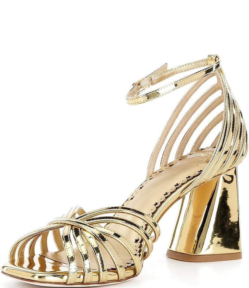 Antonio Melani x Amanda Jones Vaughan Regina Mirror Metallic Caged Strappy Block Heel Dress Sandals
