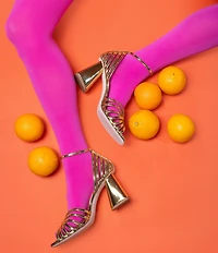 Antonio Melani x Amanda Jones Vaughan Regina Mirror Metallic Caged Strappy Block Heel Dress Sandals