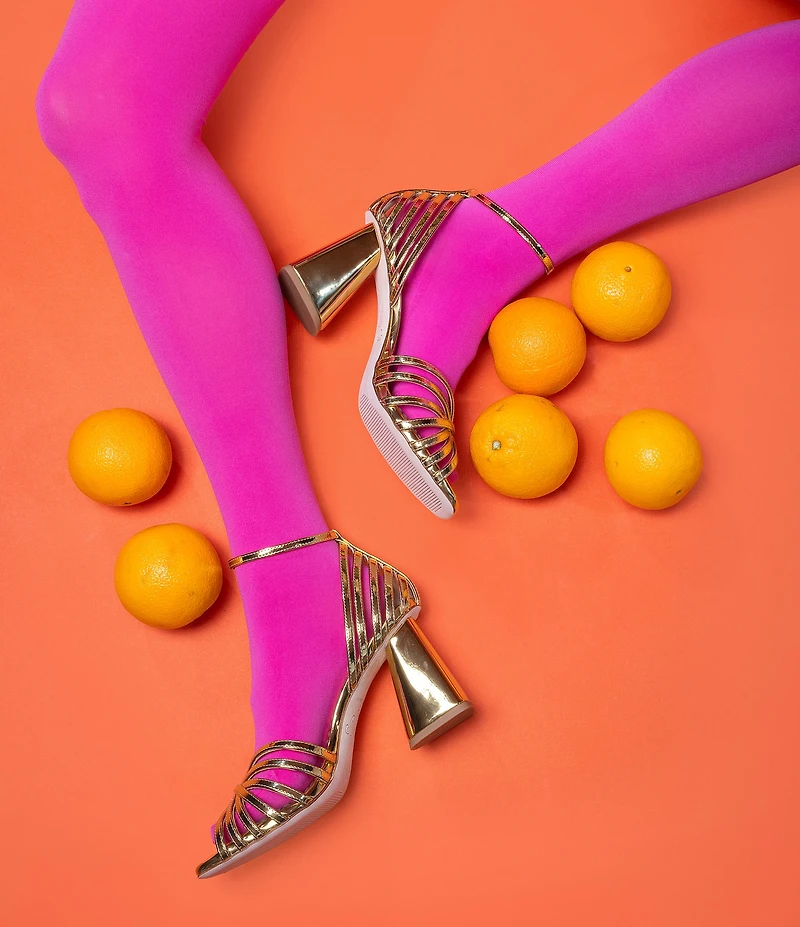 Antonio Melani x Amanda Jones Vaughan Regina Mirror Metallic Caged Strappy Block Heel Dress Sandals