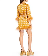 Antonio Melani x Amanda Jones Vaughan Carlotta Printed Satin Polka Dot Feather Belted Shift Dress